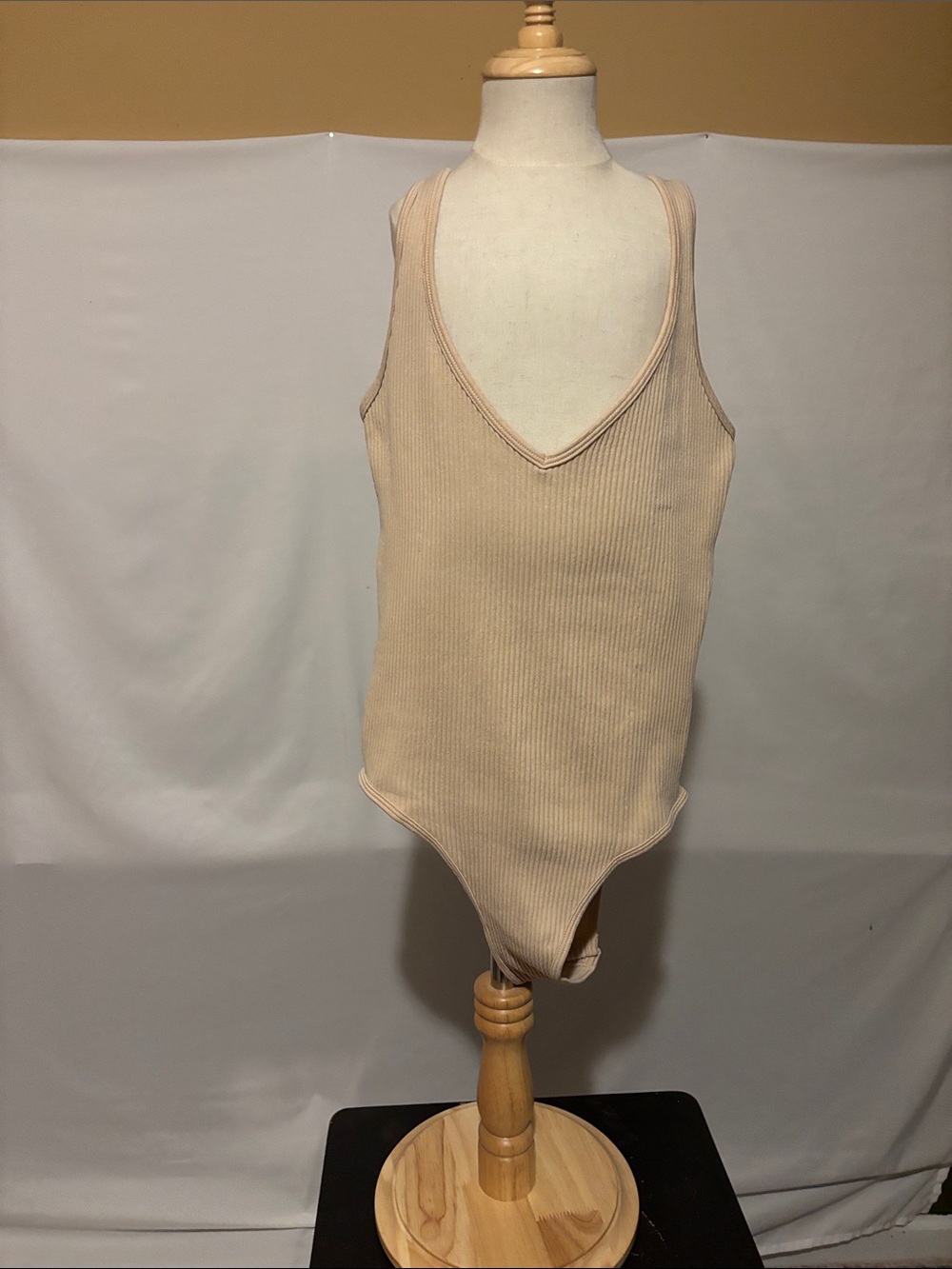 Ribbed V-Neck Bodysuit in Beige
